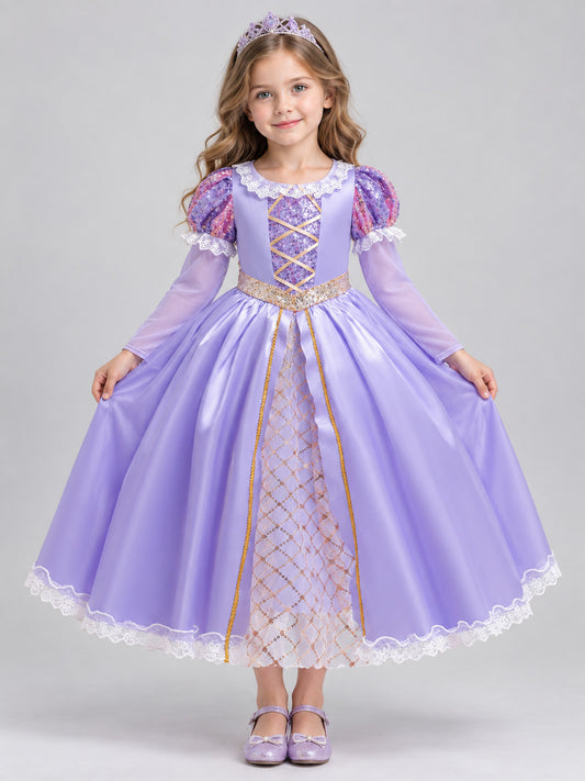 Purple Girls' Holiday Dress with Lace and Bow