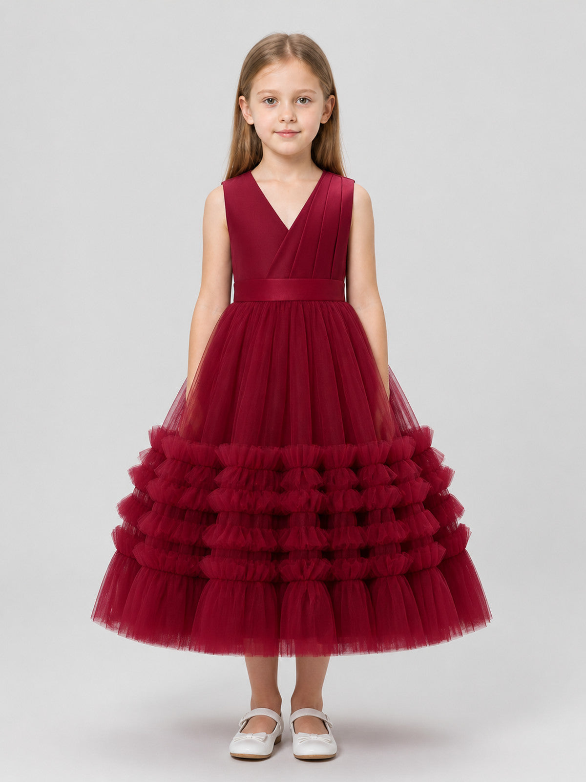 Burgundy Princess Dress for Girls with a Full Skirt on-model view