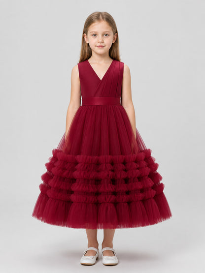 Burgundy Princess Dress for Girls with a Full Skirt on-model view