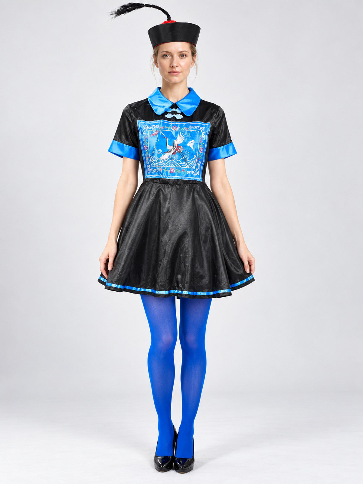 Black and Blue Carnival Costume with Dress and Hat on-model view