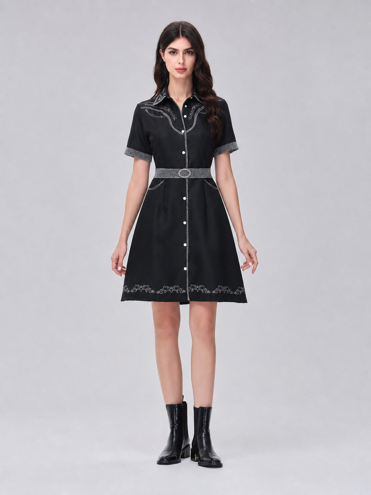 Western-Style Cosplay Dress with Belt and Bow front view