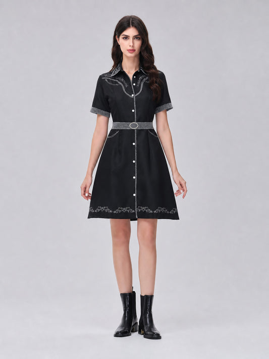 Western-Style Cosplay Dress with Belt and Bow front view