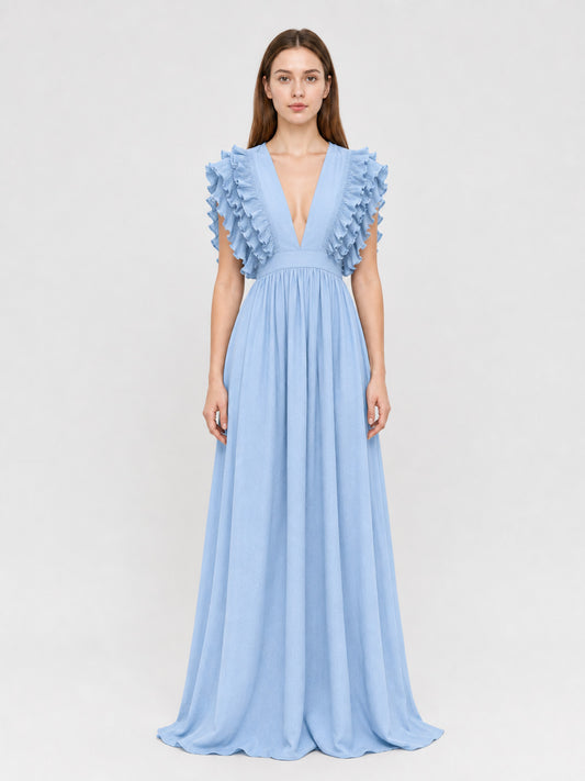 Light Blue Maxi Dress with a Plunging V-Neckline