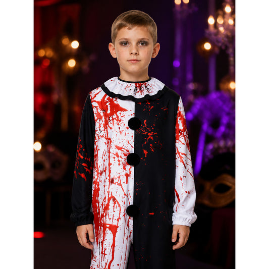 Men's Bloody Clown Jumpsuit Costume, Black White Split with Ruffled Collar on-model view