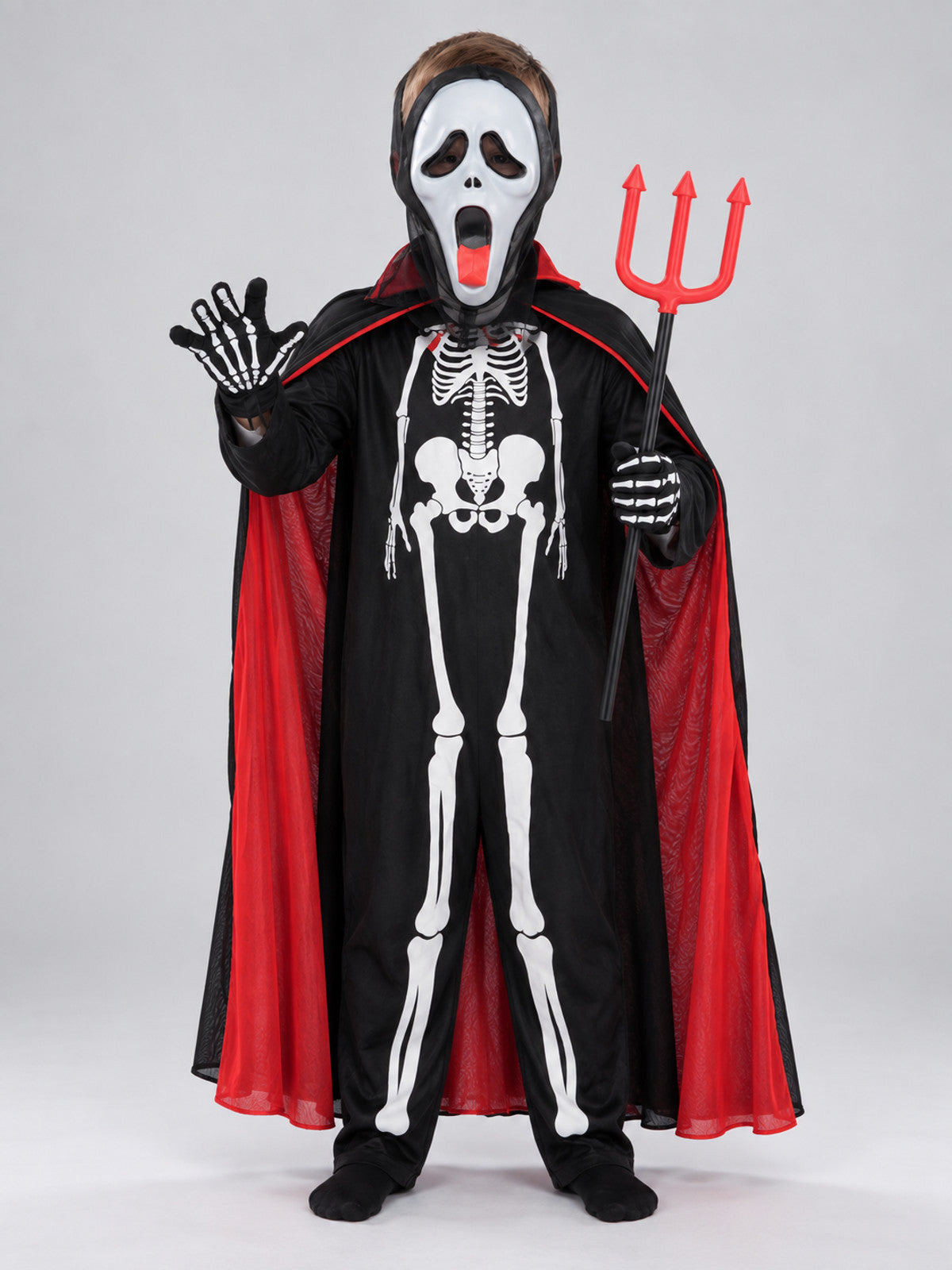 Skeleton Carnival Costume with Mask, Cape, and Trident
