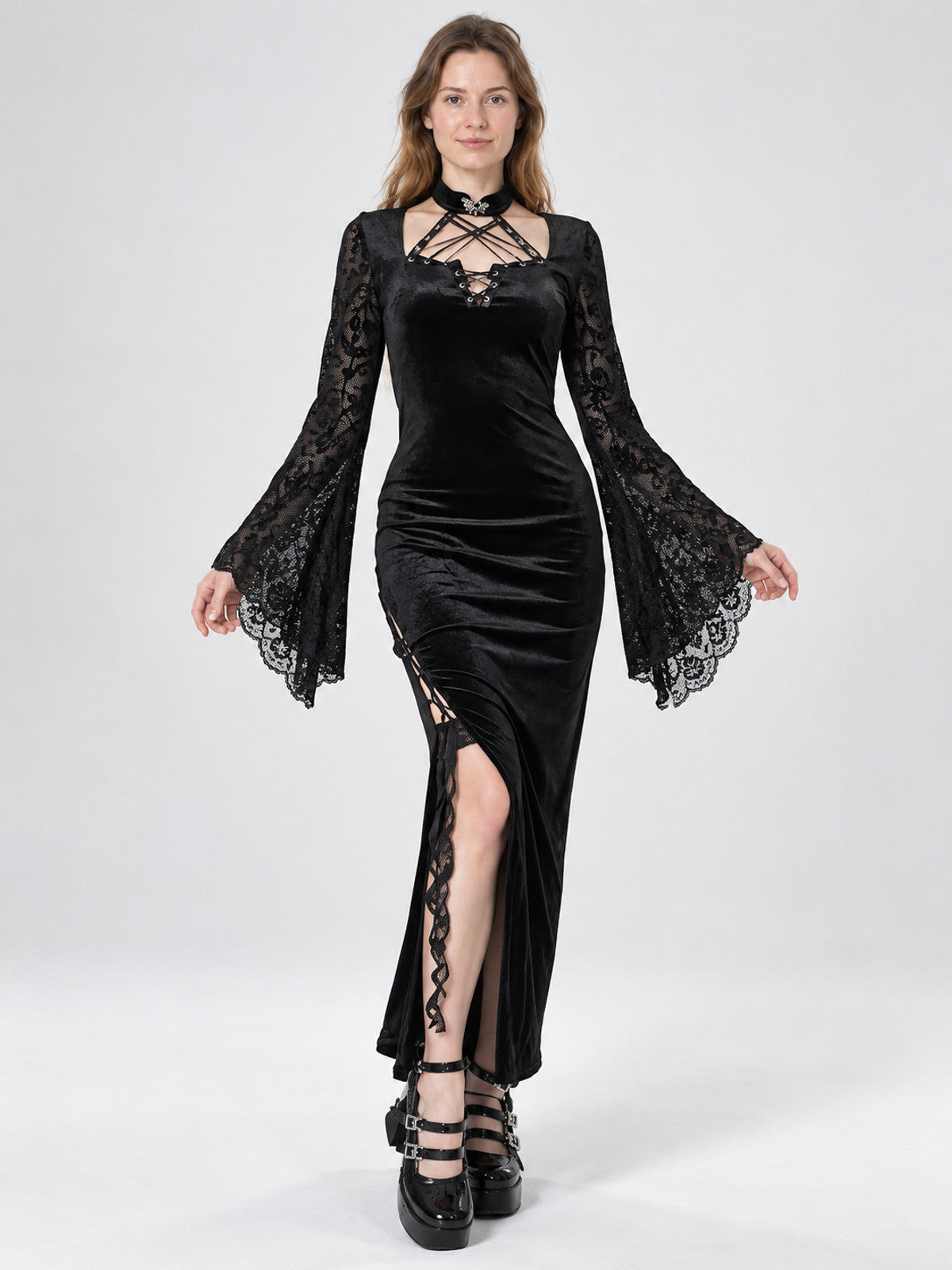 Gothic Black Lace Dress with High Slit