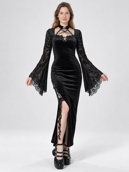 Gothic Black Lace Dress with High Slit