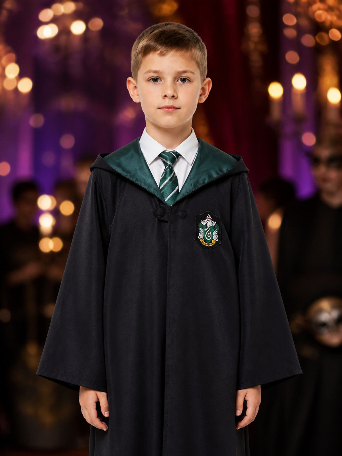 Children's Dark Green Wizard Robe and Striped Tie Costume Set on-model view