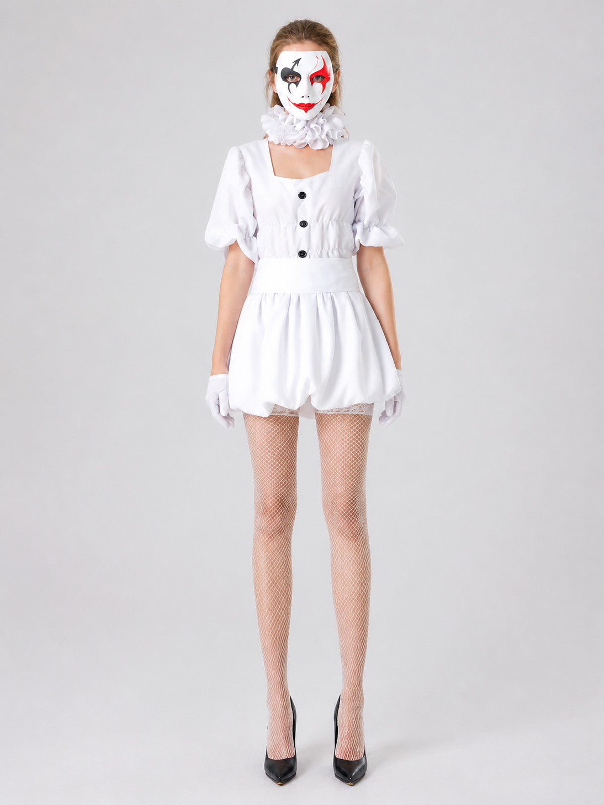 White Clown Stage Costume with Mask for Halloween on-model view