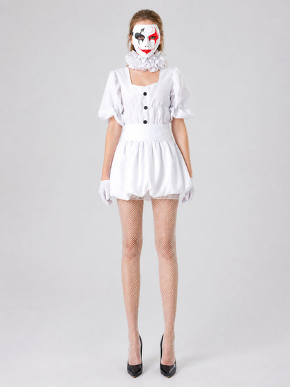 White Clown Stage Costume with Mask for Halloween on-model view