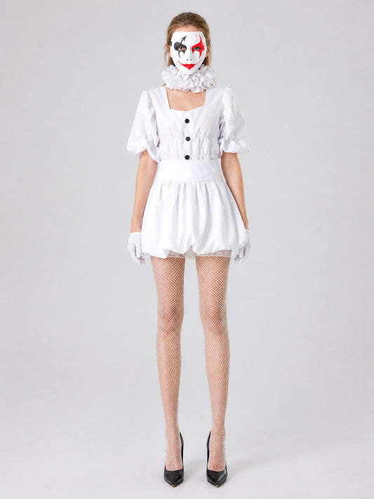 White Clown Stage Costume with Mask for Halloween on-model view