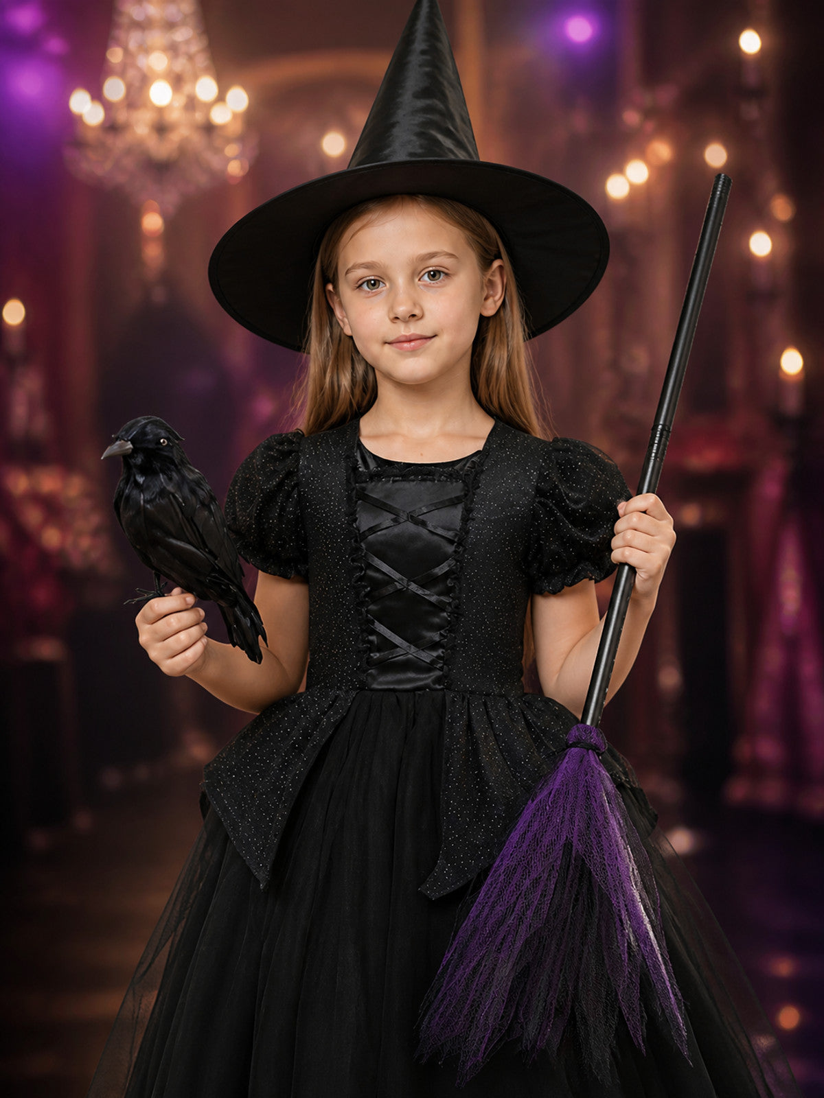 Kids' Purple and Black Witch Costume Dress Set with Hat, Broom and Crow on-model view