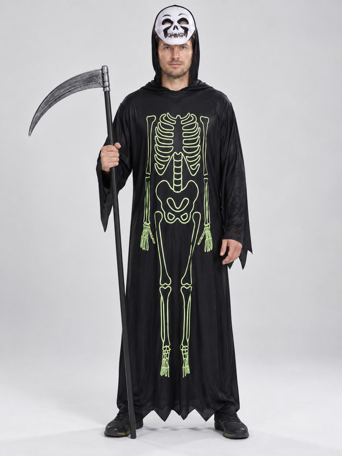 Black Skeleton Costume with Hood, Mask, and Scythe