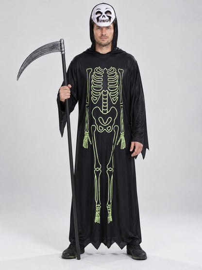Black Skeleton Costume with Hood, Mask, and Scythe