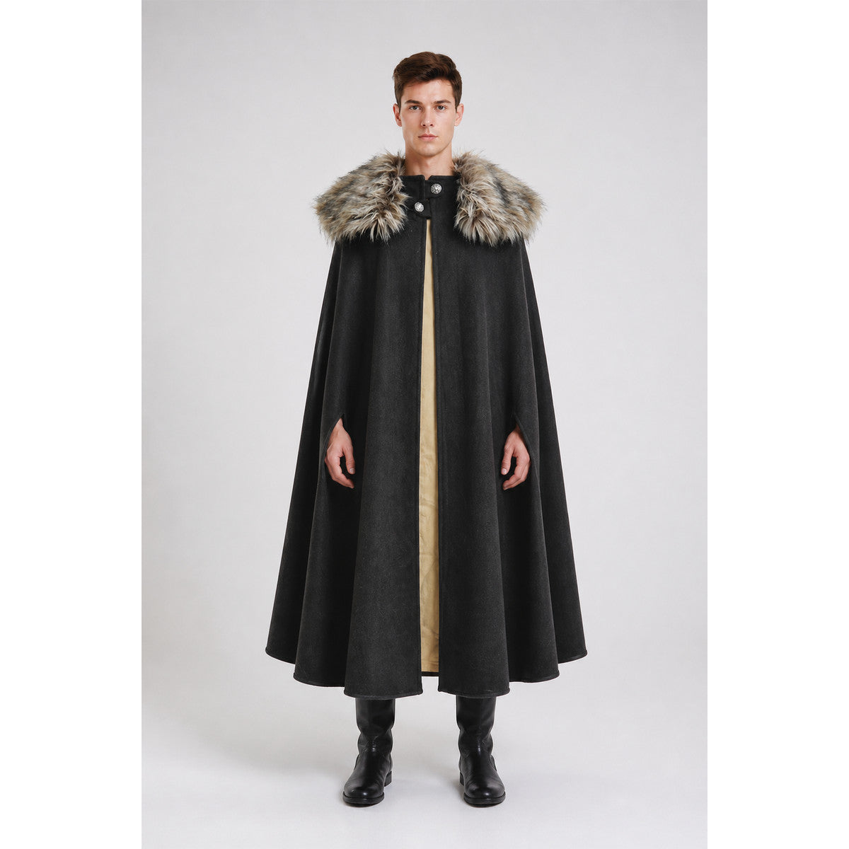Long Black Button-Front Cloak with Fur Collar main product view