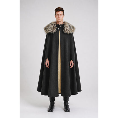 Long Black Button-Front Cloak with Fur Collar main product view