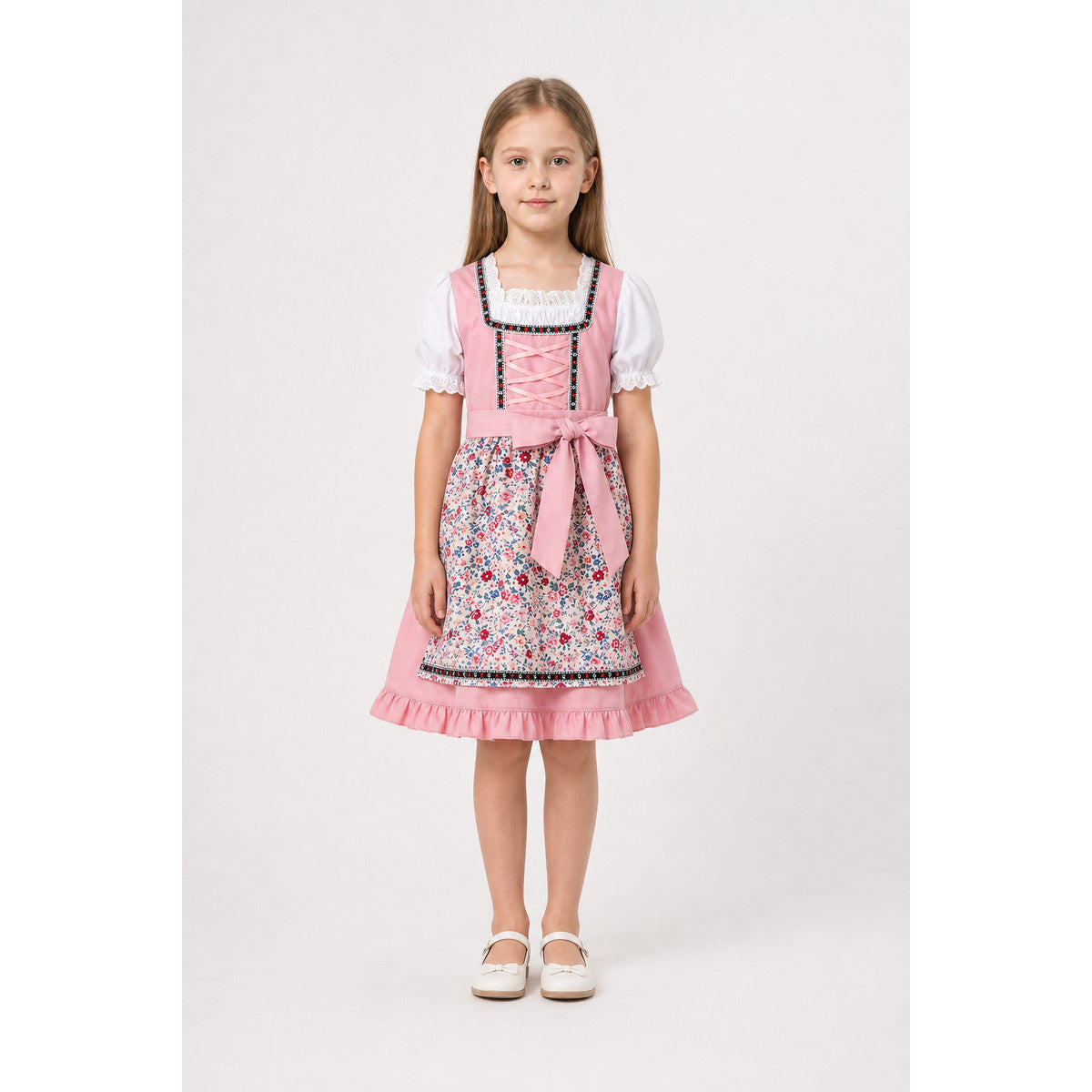 Children's dirndl-style dress with apron and headscarf