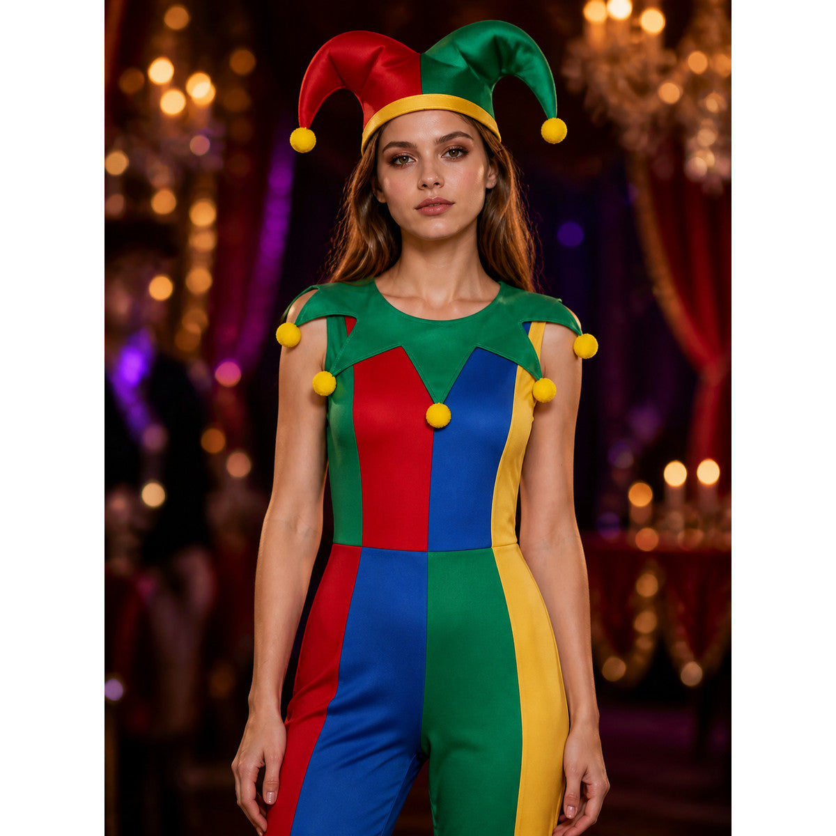 Clown Costume, Multicolored Jumpsuit with Hat