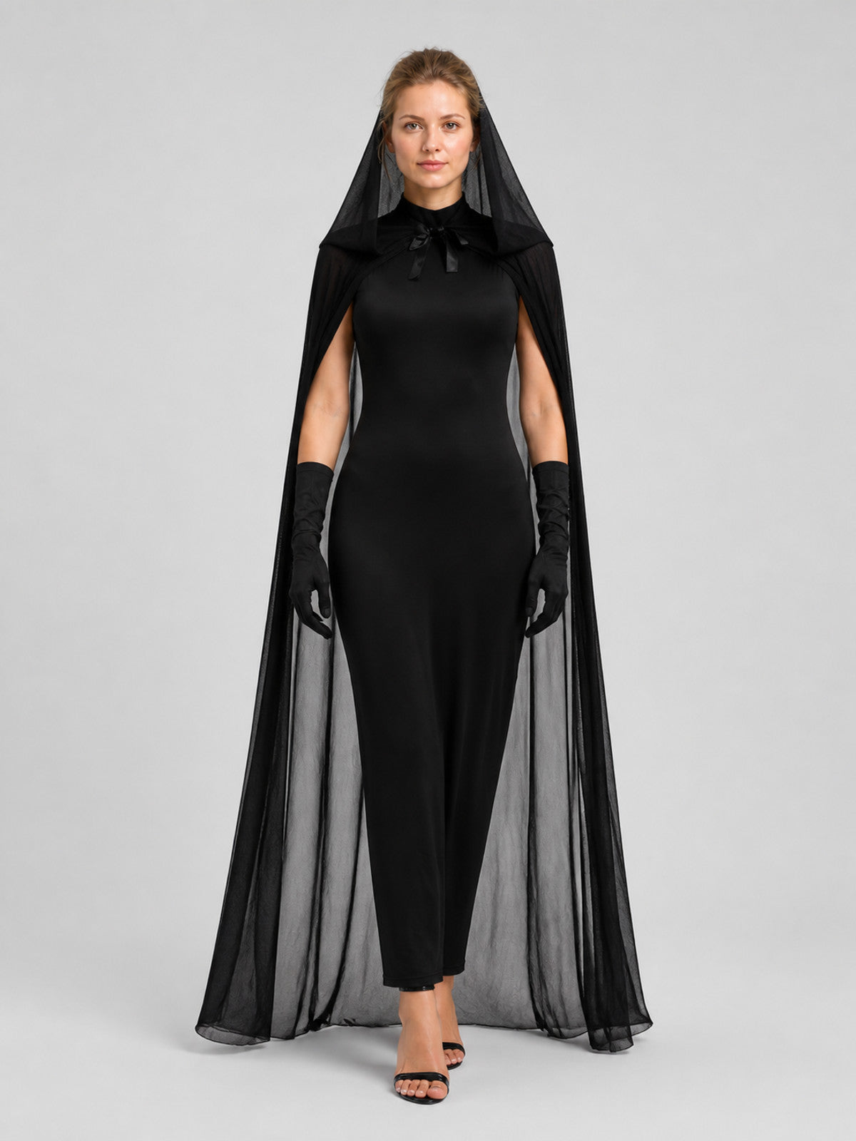 Black Vampire Costume with Long Cape and Gloves on-model view