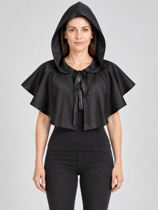 Black hooded cape with no sleeves and ties