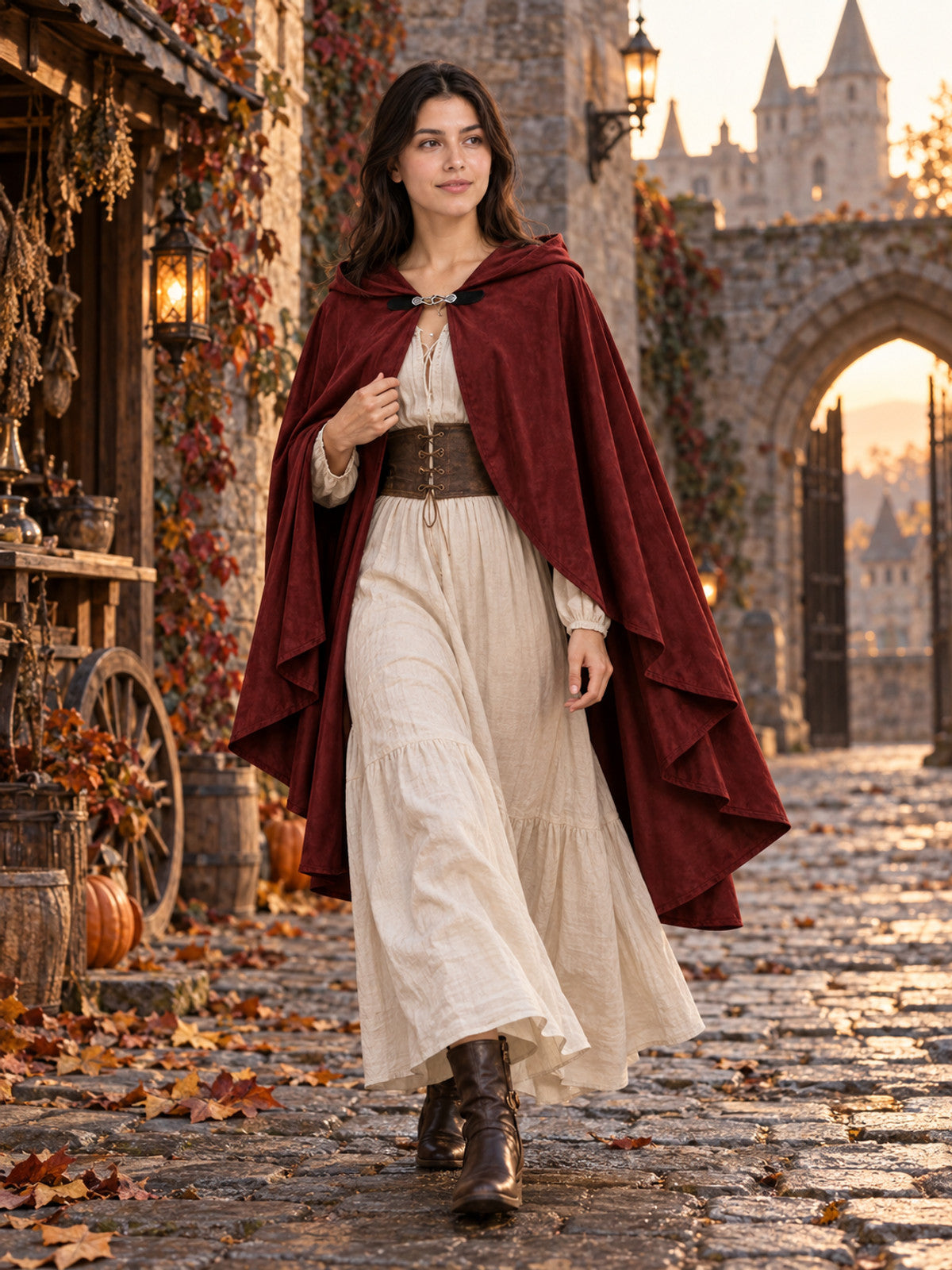 Long-length carnival cloak with a hood and a closure at the neckline, loose