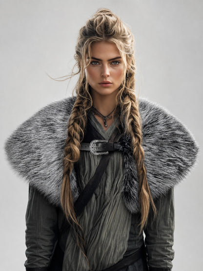 Gray and black fur-textured shoulder shawl with a front metal buckle, shown on a model against a plain background