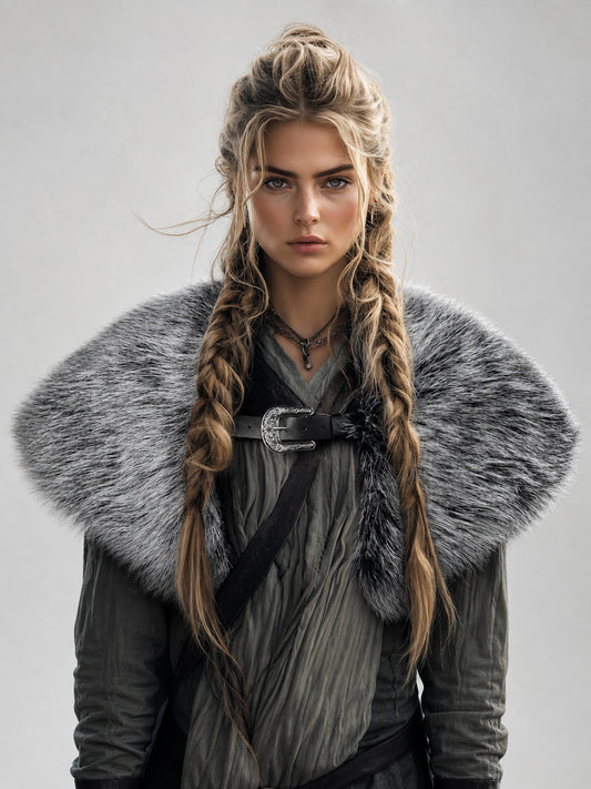 Gray and black fur-textured shoulder shawl with a front metal buckle, shown on a model against a plain background