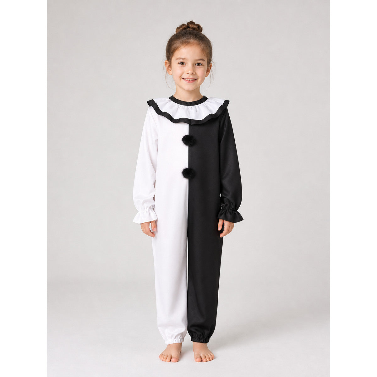 Black and White Clown Jumpsuit Costume for Halloween on-model view