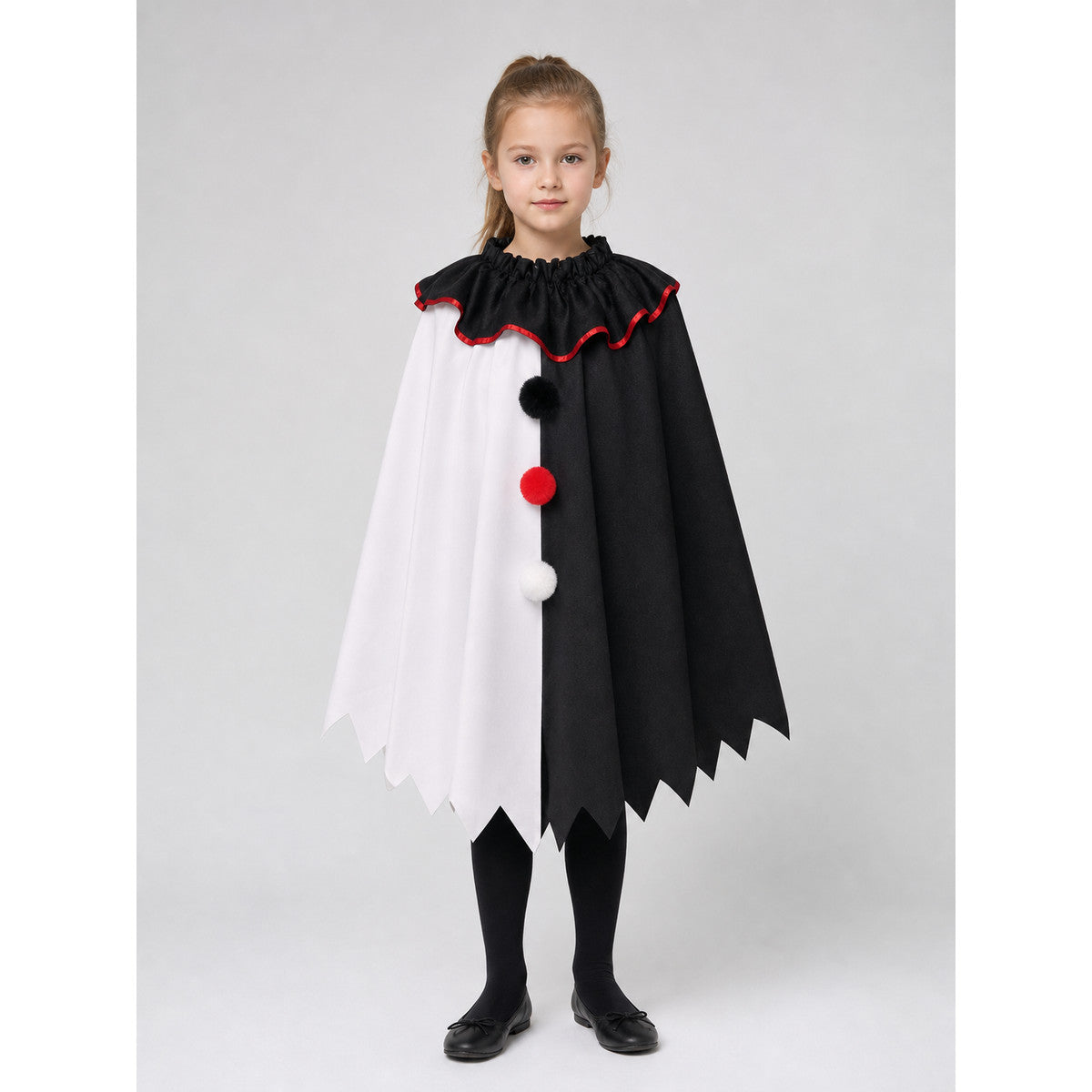 Horror Clown Cape, Black and White with Red Trim on-model view