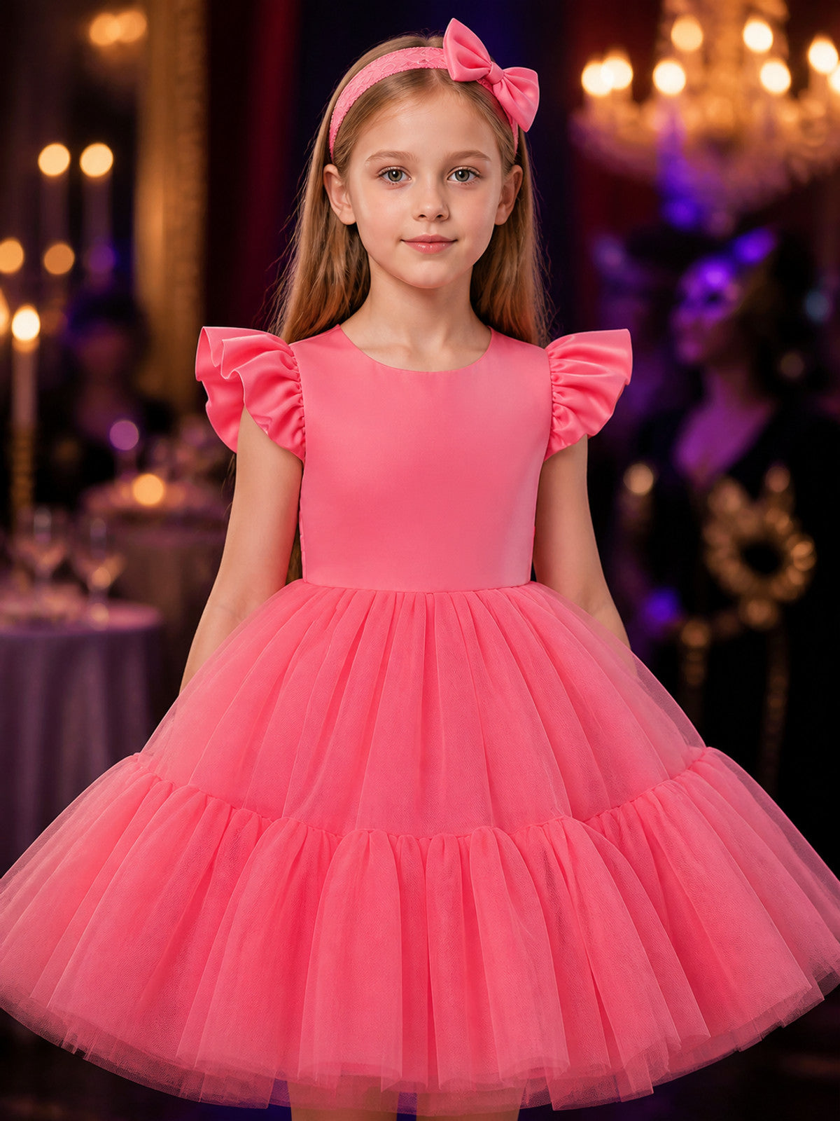 Girls' Princess Dress Set With Lace Bow Headpiece and Layered Tulle Skirt on-model view