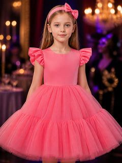 Girls' Princess Dress Set With Lace Bow Headpiece and Layered Tulle Skirt