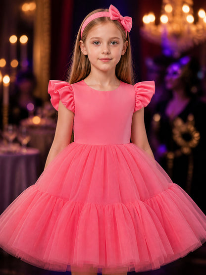 Girls' Princess Dress Set With Lace Bow Headpiece and Layered Tulle Skirt on-model view