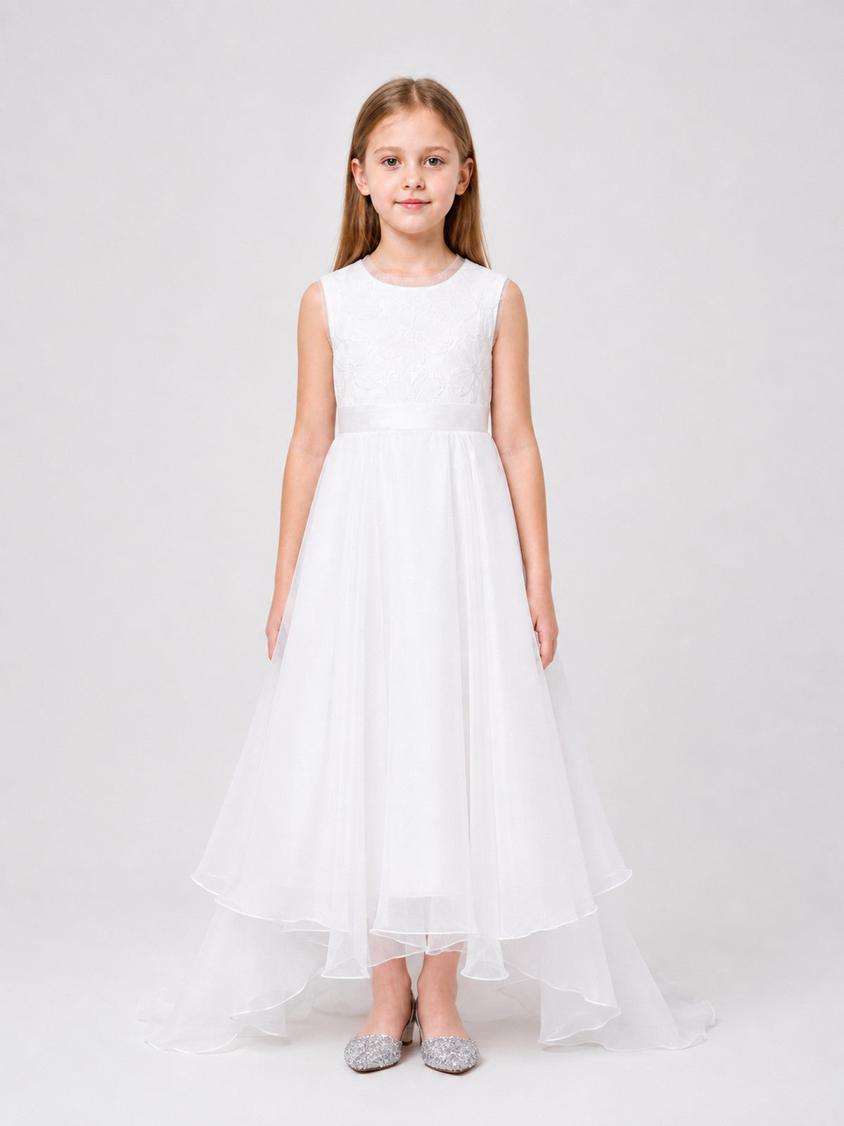 White Princess Dress with a Bow and Full Skirt on-model view