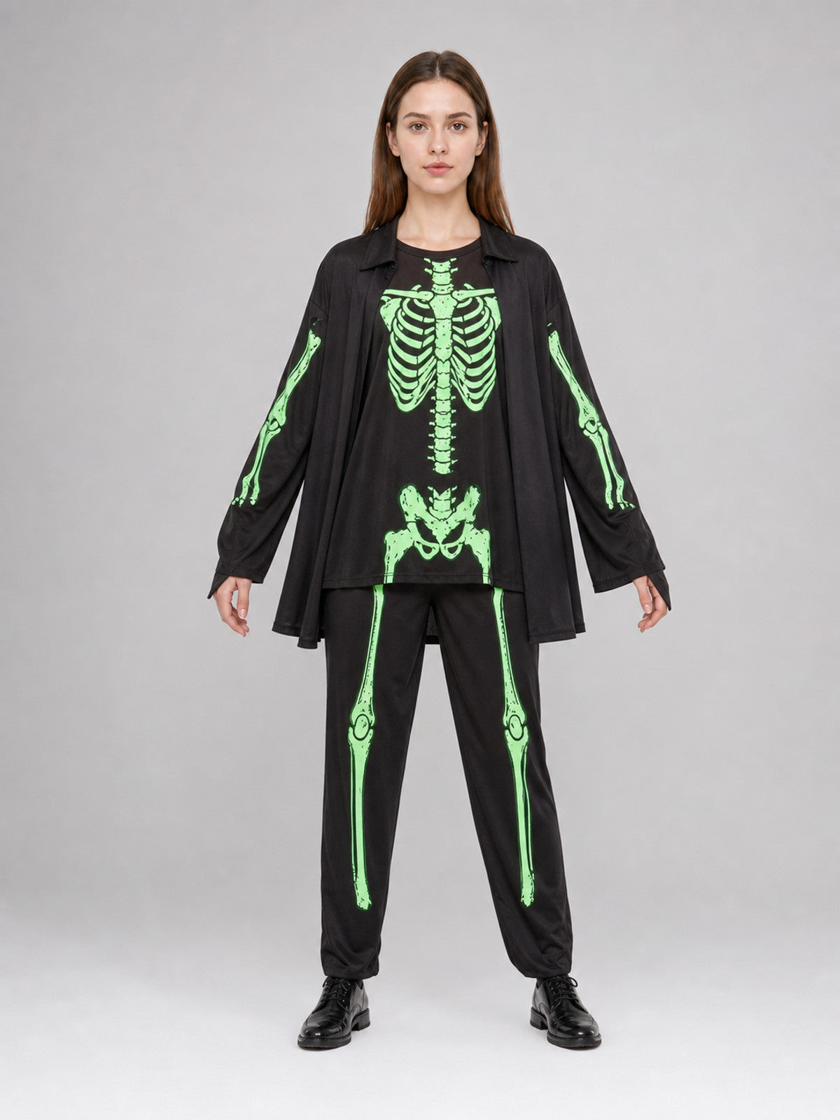 Skeleton Costume: Robe, Pants, and Hat for Halloween front view