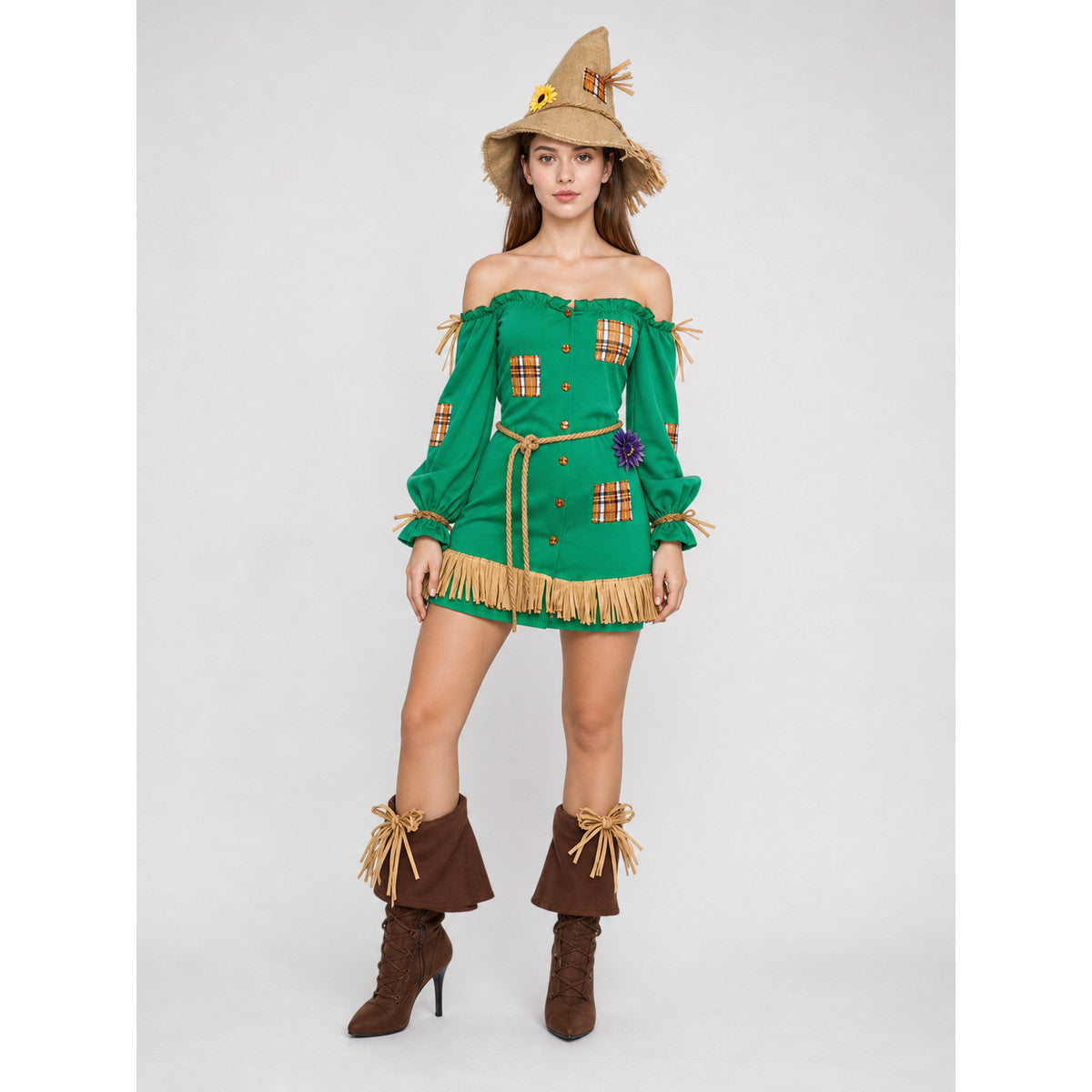 Scarecrow Costume with Hat, Dress, Pants, and Fringe