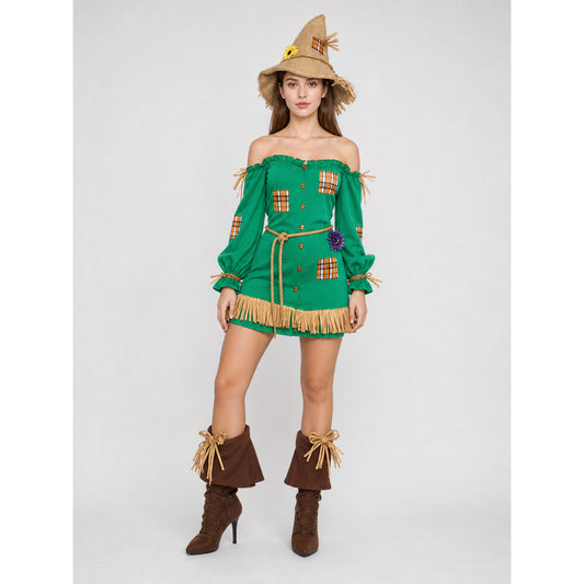 Scarecrow Costume from the Land of Oz with Dress and Hat on-model view