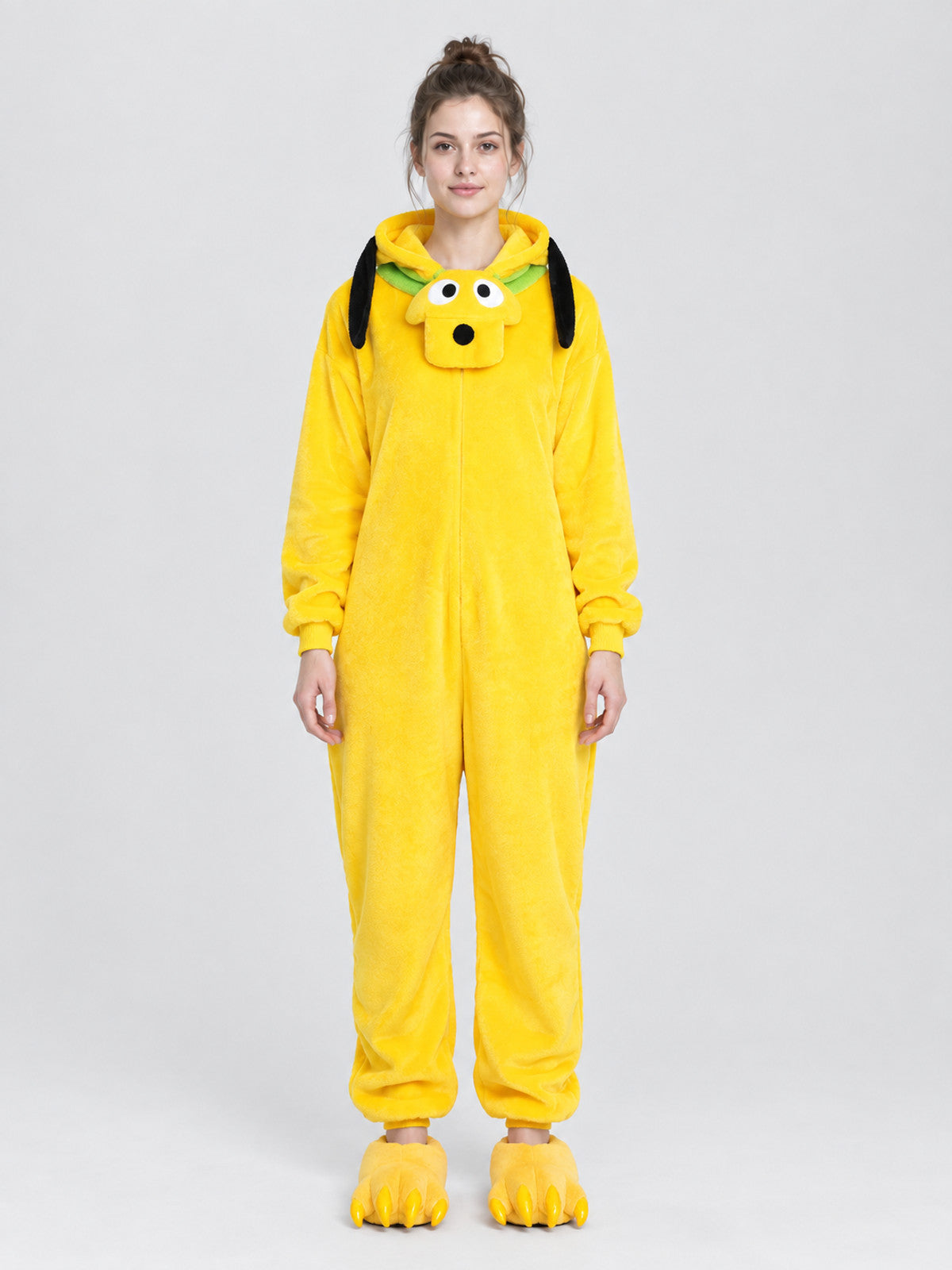 Yellow Flannel Hooded Pajama Jumpsuit with Character Face