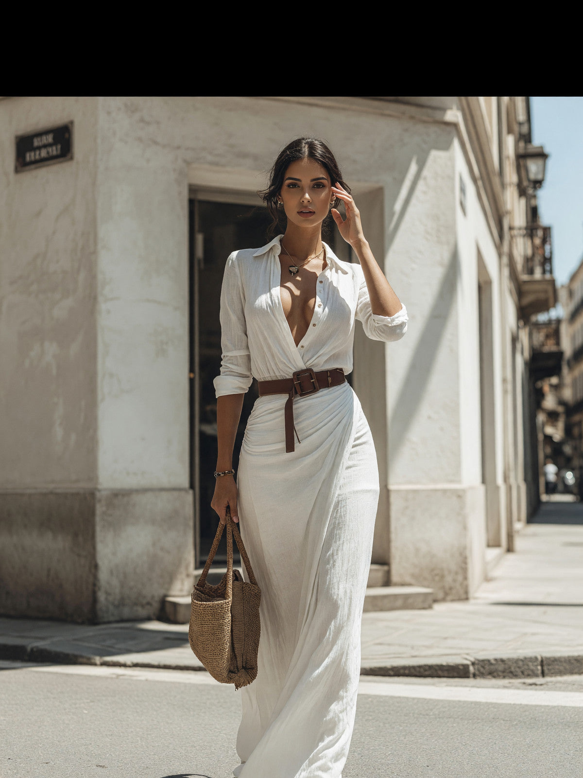 Women's White Shirt Dress with Belt and Long Skirt main product view