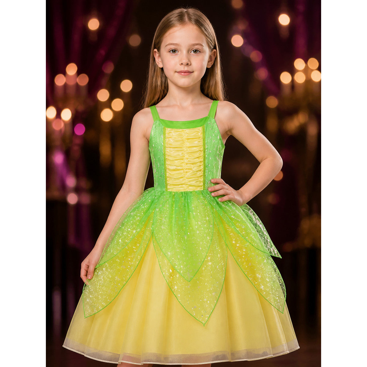 Girls Princess Dress Costume, Sparkly Star Print Tulle Ball Gown for Halloween on-model view