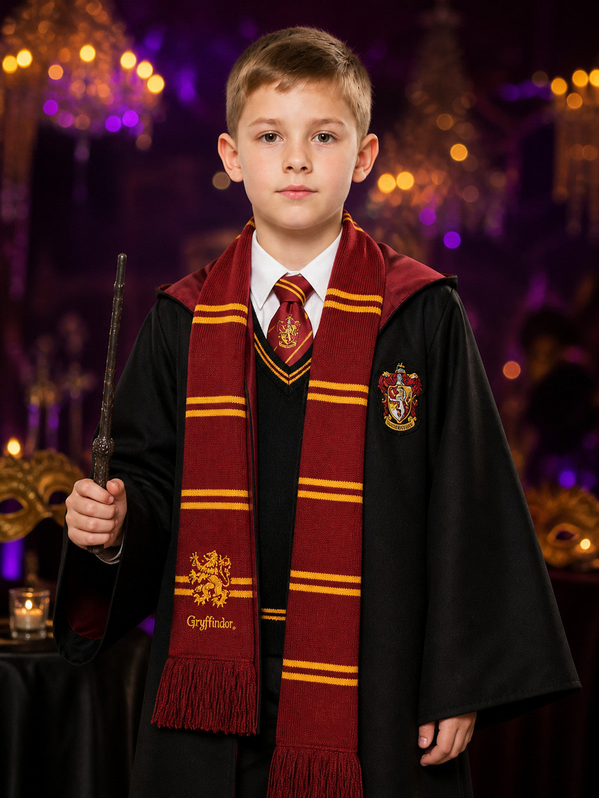 Hooded Wizard Robe Costume Set With Tie, Scarf, Shirt, Vest And Wand on-model view