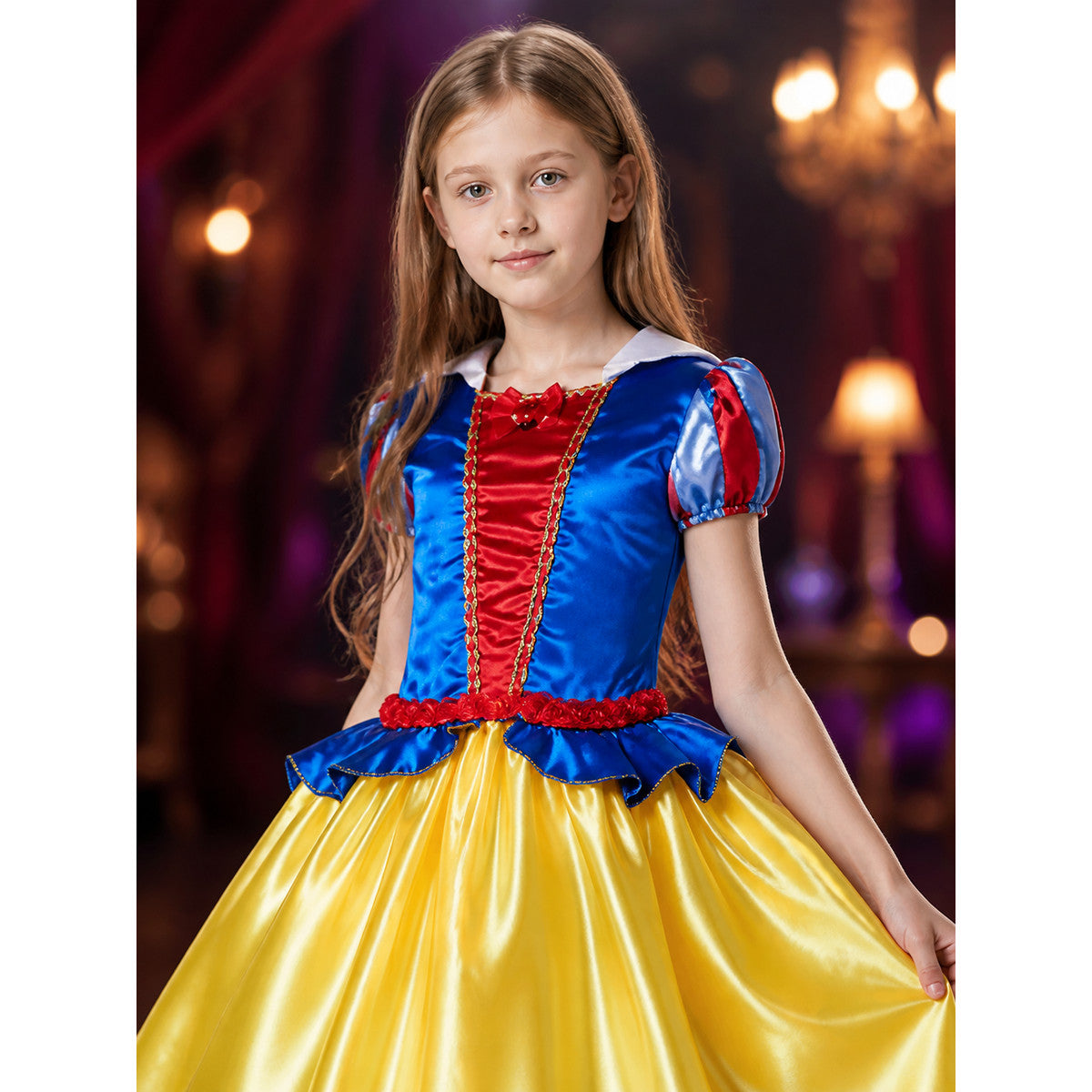 Children's Snow White Princess Costume Dress, Blue Top and Yellow Puffy Skirt on-model view
