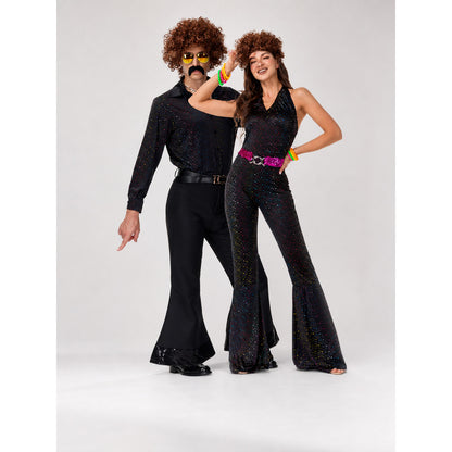 Sequin Disco Jumpsuit with Flares and Decorative Details