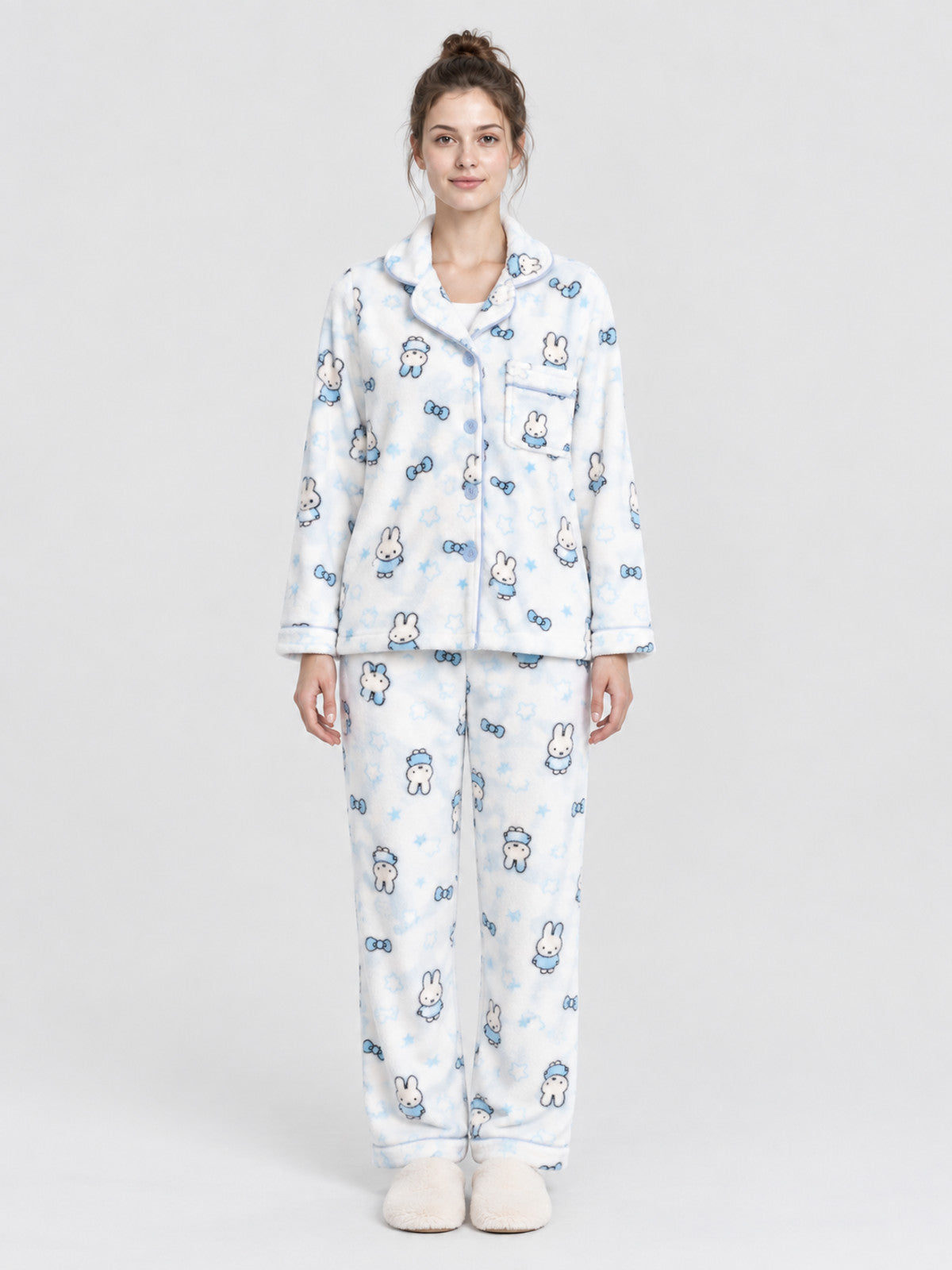Flannel Pajama Set with Bunny and Bow Print