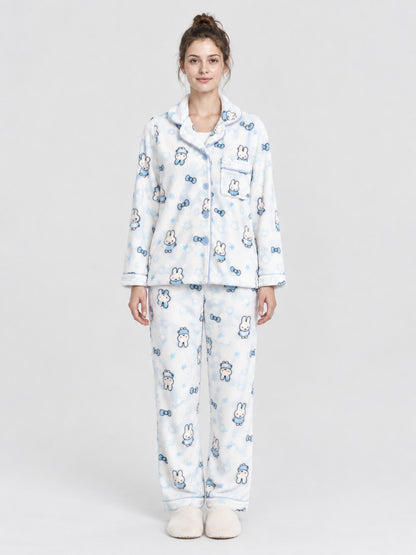 Flannel Pajama Set with Bunny and Bow Print