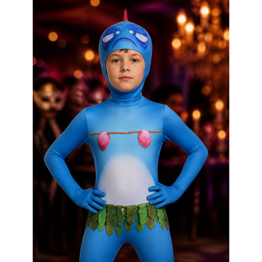 Blue Monster Bodysuit Costume with Headpiece, Cosplay Outfit on-model view