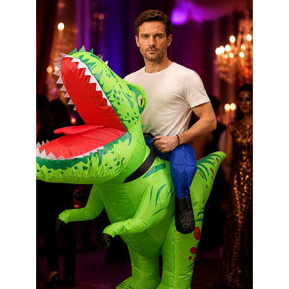Kids Inflatable Dinosaur Costume, Green with Spots and Stripes, Halloween Party on-model view