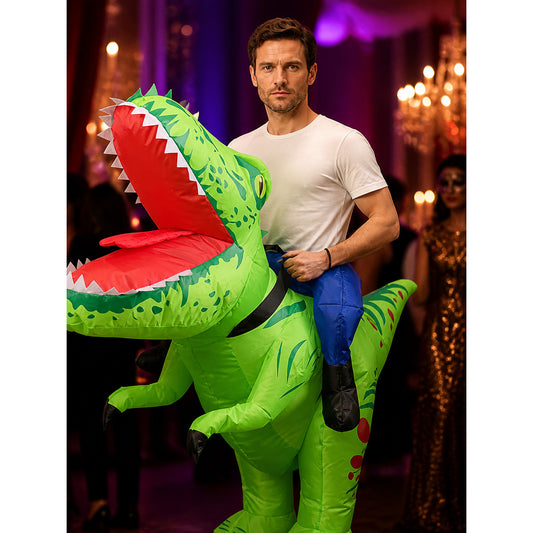 Kids Inflatable Dinosaur Costume, Green with Spots and Stripes, Halloween Party on-model view