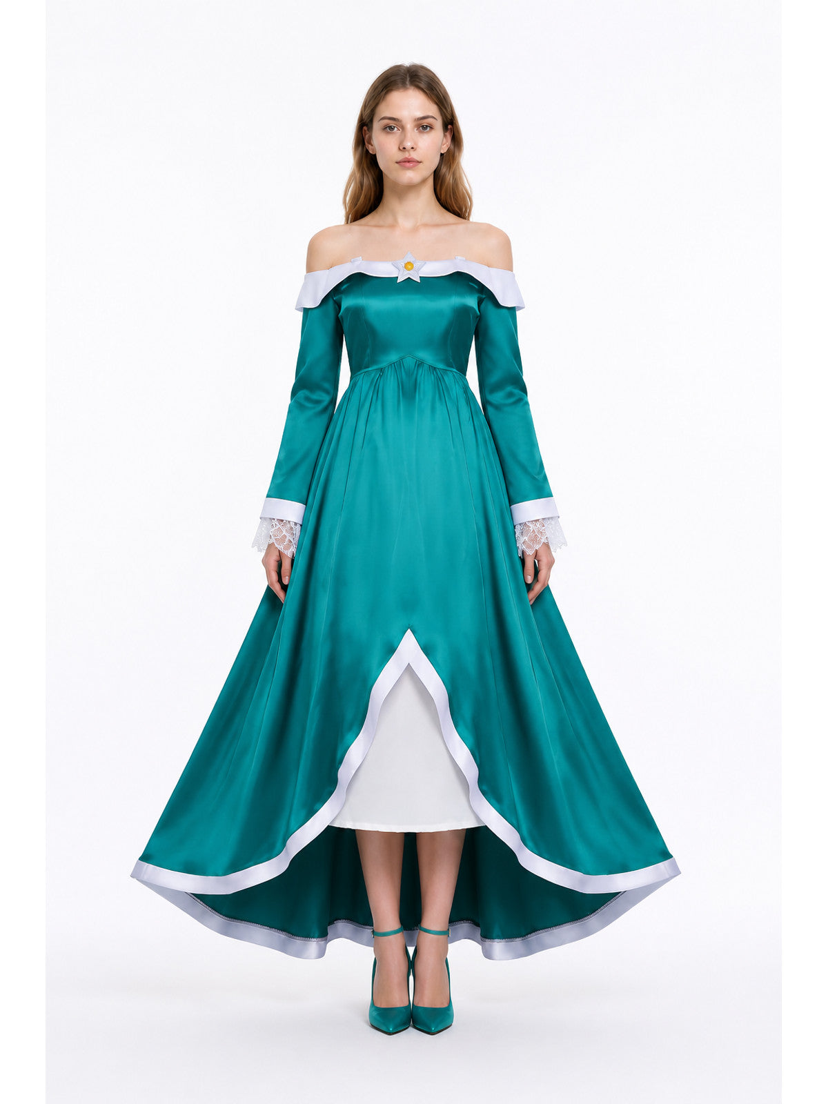 Long Stage Dress with White Collar and Brooch