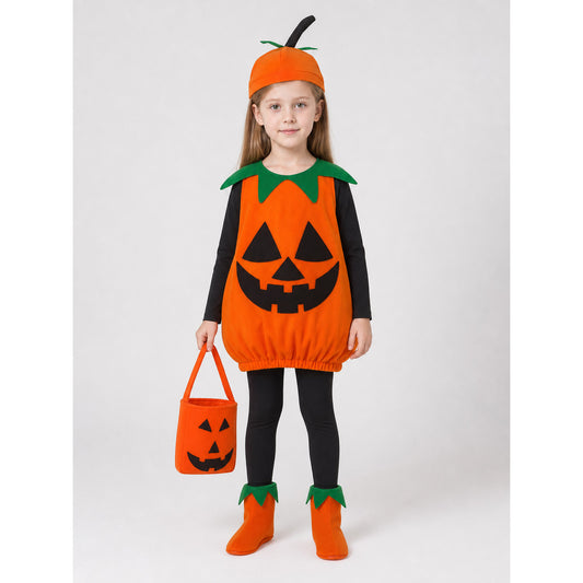 Full-body child wearing an orange pumpkin costume with jack-o'-lantern face, green collar, stemmed hat, boot covers, and matching treat bag