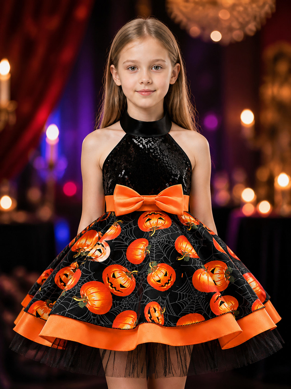 Girls' Halloween Pumpkin Spider Web Princess Dress, Black and Orange Tutu on-model view